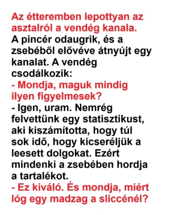 Vicc: Az étteremben lepottyan az asztalról a vendég kanala.