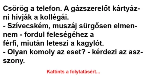 Vicc: Csörög a telefon. A gázszerelőt kártyázni hívják a kollégái.