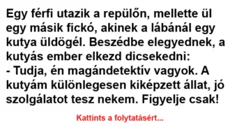 Vicc: Egy férfi utazik a repülőn, mellette ül egy másik fickó, akinek a lábánál egy…