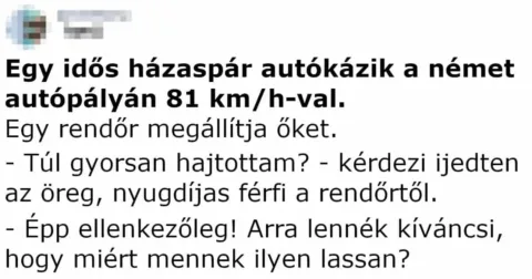 Vicc: Egy idős házaspár autókázik a német autópályán