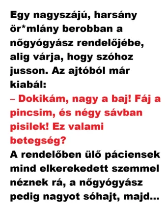Vicc: Egy nagyszájú, harsány lány berobban a nőgyógyász rendelőjébe
