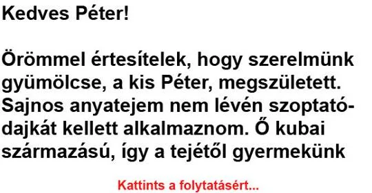 Vicc: Kedves Péter! Örömmel értesítelek, hogy szerelmünk gyümölcse, a kis Vicc: Kedves Péter! Örömmel értesítelek, hogy szerelmünk gyümölcse, a kis Péter,…