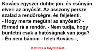 Vicc: Kovács egyszer dühbe jön, és csúnyán elveri az anyósát