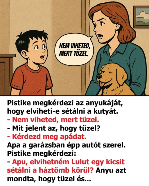 Vicc: Pistike megkérdezi az anyukáját, hogy elviheti-e sétálni a kutyát.