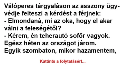 Vicc: Válóperes tárgyaláson az asszony ügyvédje felteszi a kérdést a férjnek: