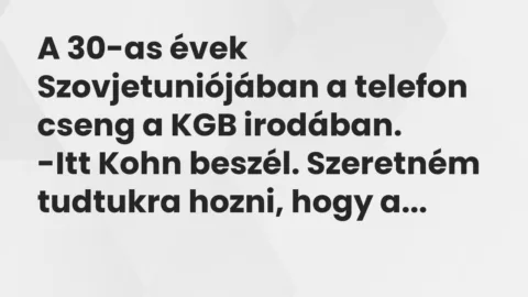 Vicc: A 30-as évek Szovjetuniójában a telefon cseng a KGB irodában.
-Itt Kohn… Vicc: A 30-as évek Szovjetuniójában a telefon cseng a KGB irodában.
-Itt Kohn…