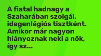 Vicc: A fiatal hadnagy a Szaharában szolgál, idegenlégiós tisztként. Amikor már…