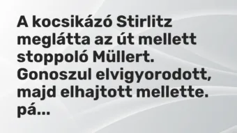 Vicc: A kocsikázó Stirlitz meglátta az út mellett stoppoló Müllert. Gonoszul…