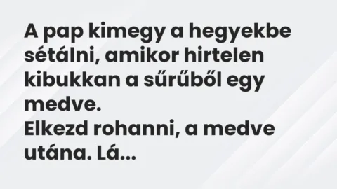 Vicc: A pap kimegy a hegyekbe sétálni, amikor hirtelen kibukkan a sűrűből egy…