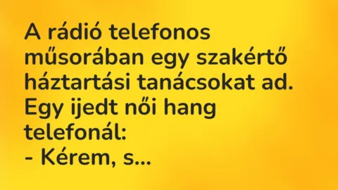 Vicc: A rádió telefonos műsorában egy szakértő háztartási tanácsokat ad. Egy ijedt női…