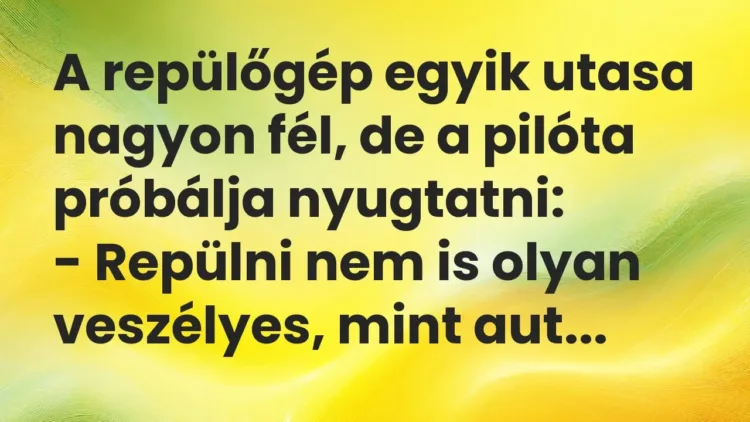 Vicc: A repülőgép egyik utasa nagyon fél, de a pilóta próbálja nyugtatni:
-… Vicc: A repülőgép egyik utasa nagyon fél, de a pilóta próbálja nyugtatni:
-…