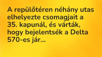 Vicc: A repülőtéren néhány utas elhelyezte csomagjait a 35. kapunál, és várták, hogy…