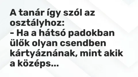 Vicc: A tanár így szól az osztályhoz:

– Ha a hátsó padokban ülők olyan csendben…