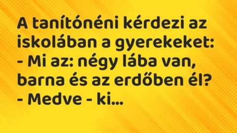Vicc: A tanítónéni kérdezi az iskolában a gyerekeket:

– Mi az: négy lába van,…