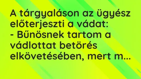 Vicc: A tárgyaláson az ügyész előterjeszti a vádat:
– Bűnösnek tartom a vádlottat… Vicc: A tárgyaláson az ügyész előterjeszti a vádat:
– Bűnösnek tartom a vádlottat…