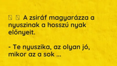 Vicc: 
	    	    A zsiráf magyarázza a nyuszinak a hosszú nyak előnyeit.


– Te…
