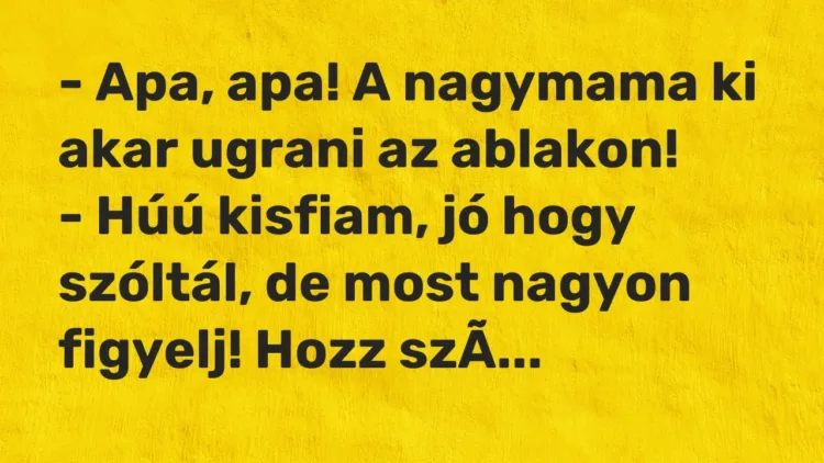 Vicc: – Apa, apa! A nagymama ki akar ugrani az ablakon!
– Húú kisfiam, jó hogy… Vicc: – Apa, apa! A nagymama ki akar ugrani az ablakon!
– Húú kisfiam, jó hogy…