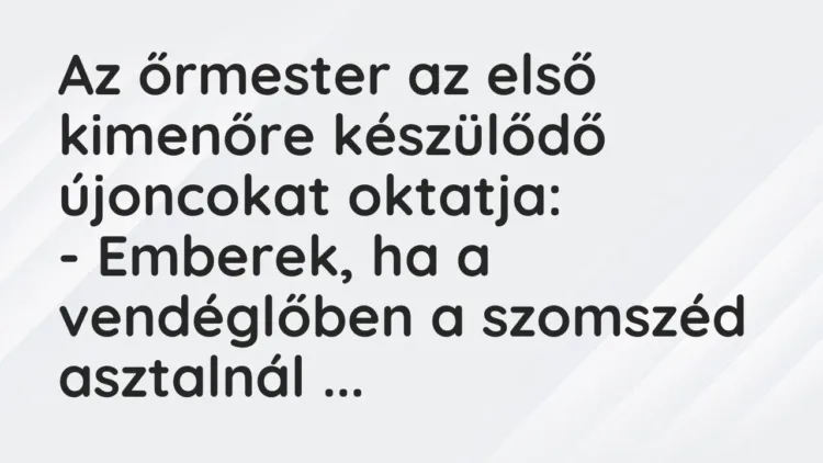 Vicc: Az őrmester az első kimenőre készülődő újoncokat oktatja:
– Emberek, ha a… Vicc: Az őrmester az első kimenőre készülődő újoncokat oktatja:
– Emberek, ha a…