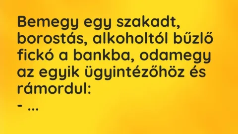 Vicc: Bemegy egy szakadt, borostás, alkoholtól bűzlő fickó a bankba, odamegy az egyik…
