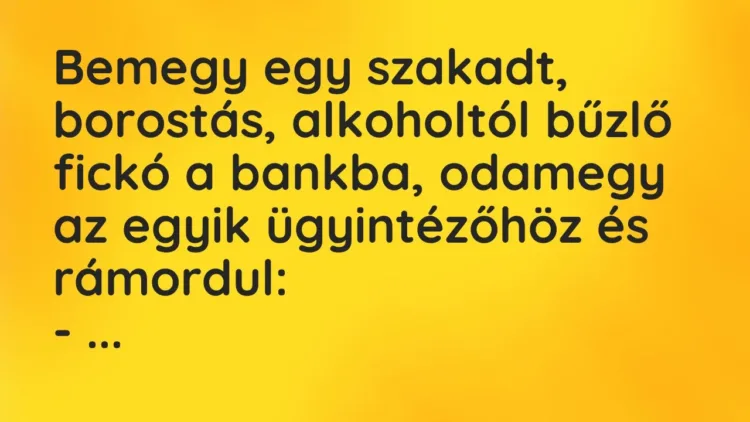 Vicc: Bemegy egy szakadt, borostás, alkoholtól bűzlő fickó a bankba, odamegy az egyik… Vicc: Bemegy egy szakadt, borostás, alkoholtól bűzlő fickó a bankba, odamegy az egyik…