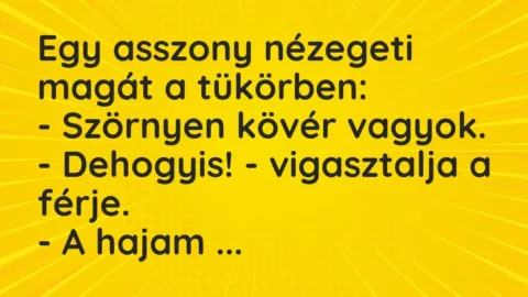 Vicc: Egy asszony nézegeti magát a tükörben:

– Szörnyen kövér vagyok.

-…