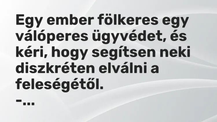 Vicc: Egy ember fölkeres egy válóperes ügyvédet, és kéri, hogy segítsen neki… Vicc: Egy ember fölkeres egy válóperes ügyvédet, és kéri, hogy segítsen neki…