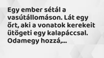 Vicc: Egy ember sétál a vasútállomáson. Lát egy őrt, aki a vonatok kerekeit ütögeti…