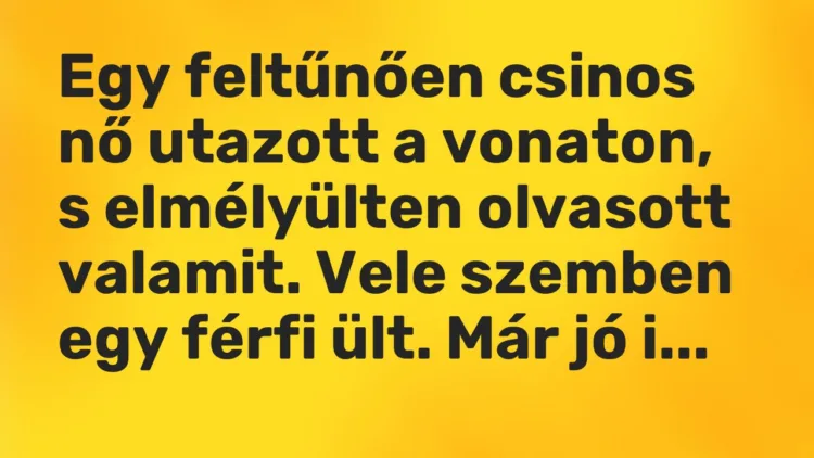 Vicc: Egy feltűnően csinos nő utazott a vonaton, s elmélyülten olvasott valamit. Vele…