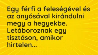 Vicc: Egy férfi a feleségével és az anyósával kirándulni megy a hegyekbe. Letáboroznak…