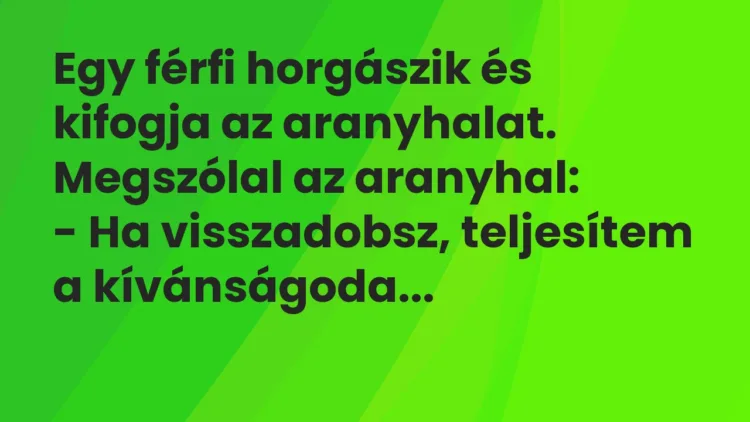 Vicc: Egy férfi horgászik és kifogja az aranyhalat. Megszólal az aranyhal: – Ha…