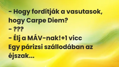 Vicc: – Hogy fordítják a vasutasok, hogy Carpe Diem?

– ???

– Élj a MÁV-nak!