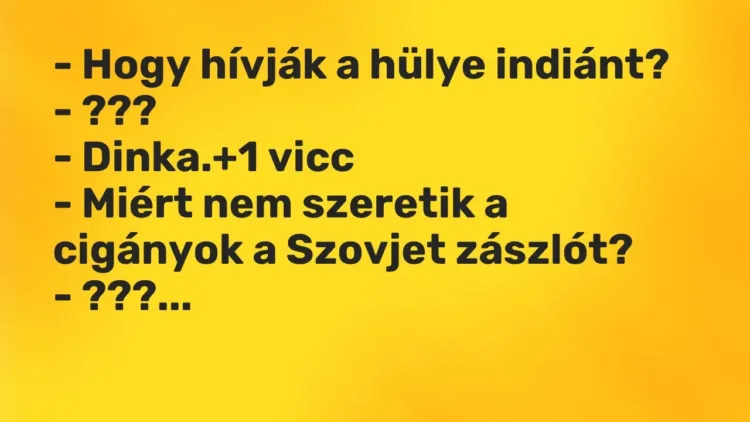 Vicc: – Hogy hívják a hülye indiánt?
– ???
– Dinka. Vicc: – Hogy hívják a hülye indiánt?
– ???
– Dinka.