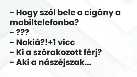 Vicc: – Hogy szól bele a cigány a mobiltelefonba?

– ???

– Nokiá?!