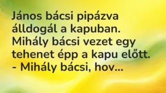 Vicc: János bácsi pipázva álldogál a kapuban. Mihály bácsi vezet egy tehenet épp a…