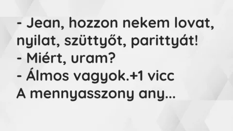 Vicc: – Jean, hozzon nekem lovat, nyilat, szüttyőt, parittyát!

– Miért,…