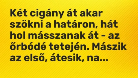 Vicc: Két cigány át akar szökni a határon, hát hol másszanak át – az őrbódé tetején….