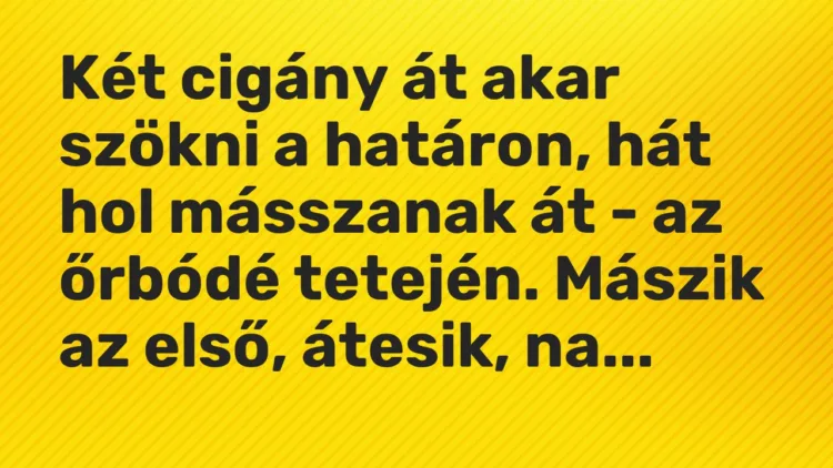 Vicc: Két cigány át akar szökni a határon, hát hol másszanak át – az őrbódé tetején….