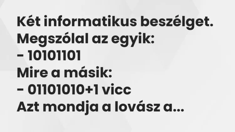 Vicc: Két informatikus beszélget. Megszólal az egyik:
– 10101101
Mire a… Vicc: Két informatikus beszélget. Megszólal az egyik:
– 10101101
Mire a…