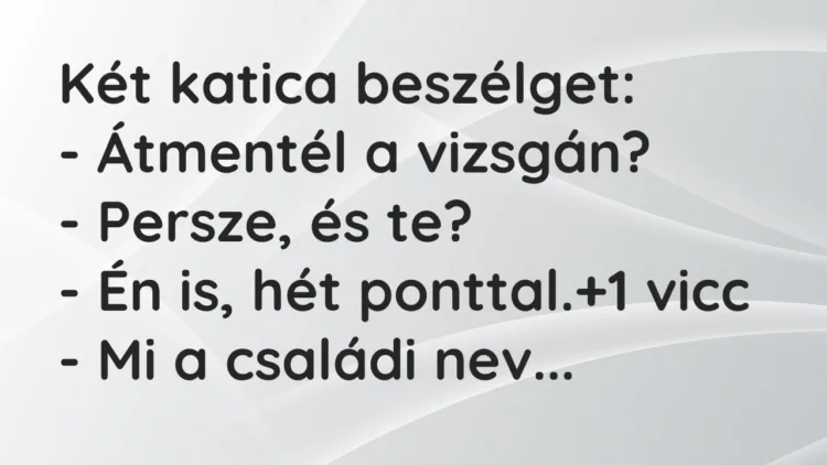 Vicc: Két katica beszélget: – Átmentél a vizsgán? – Persze, és te? – Én…
