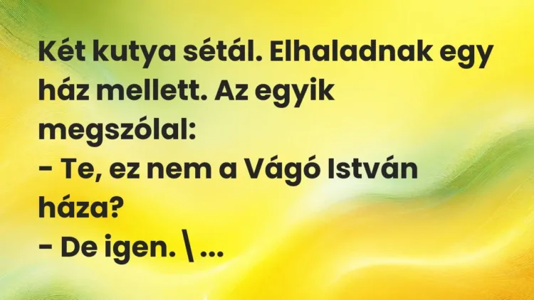Vicc: Két kutya sétál. Elhaladnak egy ház mellett. Az egyik megszólal:
– Te, ez… Vicc: Két kutya sétál. Elhaladnak egy ház mellett. Az egyik megszólal:
– Te, ez…