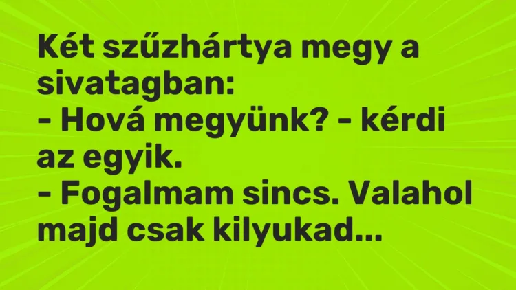 Vicc: Két szűzhártya megy a sivatagban: – Hová megyünk? – kérdi az egyik. -…