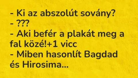 Vicc: – Ki az abszolút sovány?

– ???

– Aki befér a plakát meg a fal közé!