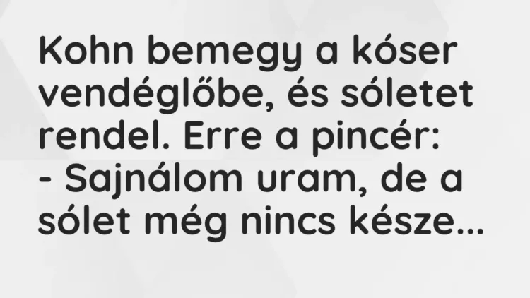 Vicc: Kohn bemegy a kóser vendéglőbe, és sóletet rendel. Erre a pincér:
-… Vicc: Kohn bemegy a kóser vendéglőbe, és sóletet rendel. Erre a pincér:
-…