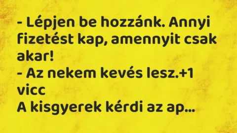 Vicc: – Lépjen be hozzánk. Annyi fizetést kap, amennyit csak akar!

– Az nekem…