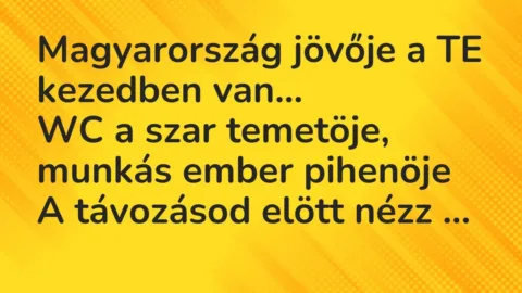 Vicc: Magyarország jövője a TE kezedben van… 

WC a szar temetöje, munkás ember…