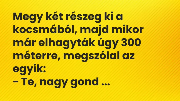 Vicc: Megy két részeg ki a kocsmából, majd mikor már elhagyták úgy 300 méterre,…