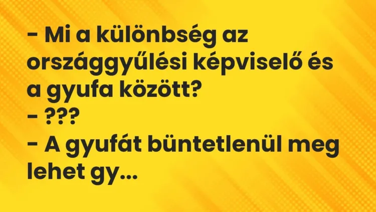 Vicc: – Mi a különbség az országgyűlési képviselő és a gyufa között?
– ???
-… Vicc: – Mi a különbség az országgyűlési képviselő és a gyufa között?
– ???
-…