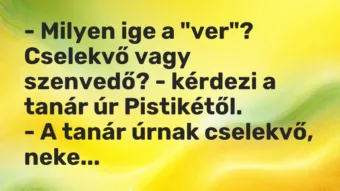 Vicc: – Milyen ige a „ver”? Cselekvő vagy szenvedő? – kérdezi a tanár úr…