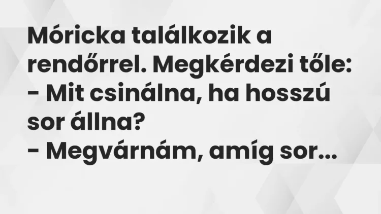 Vicc: Móricka találkozik a rendőrrel. Megkérdezi tőle:
– Mit csinálna, ha hosszú… Vicc: Móricka találkozik a rendőrrel. Megkérdezi tőle:
– Mit csinálna, ha hosszú…
