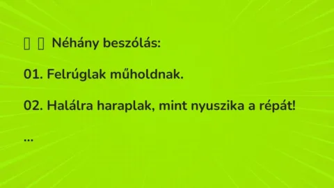 Vicc: 
	    	    Néhány beszólás:


01. Felrúglak műholdnak.


02. Halálra…